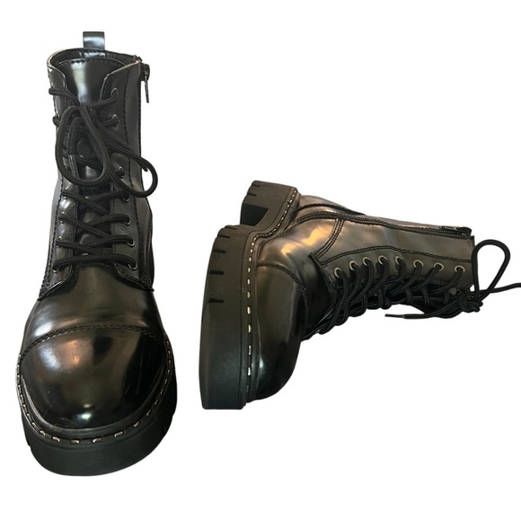 Black Lug Sole Ankle Boots Womens Lace Up Combat Style Side Zipper - Picture 3 of 8